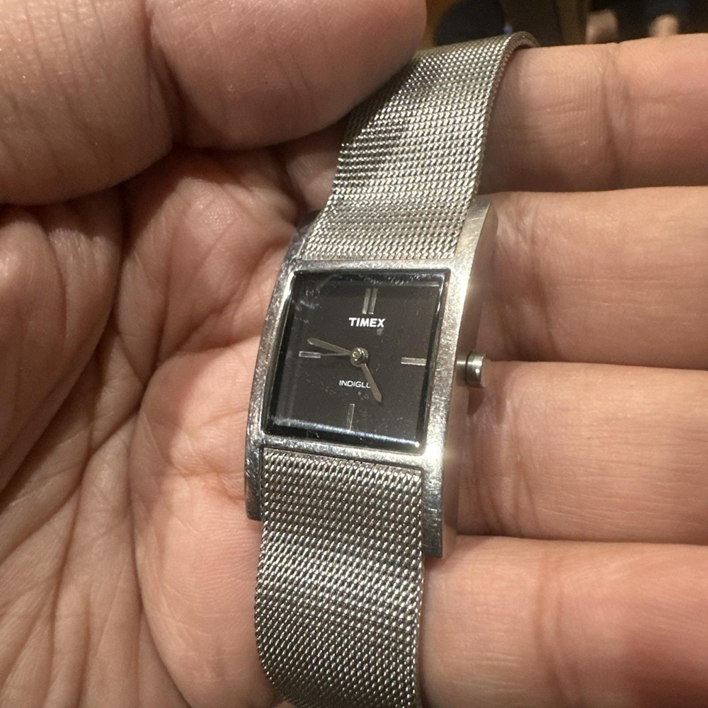 Working Vintage TIMEX Indiglo Black Women's Watch Tank Mesh‎ Band Quartz 23 mm
